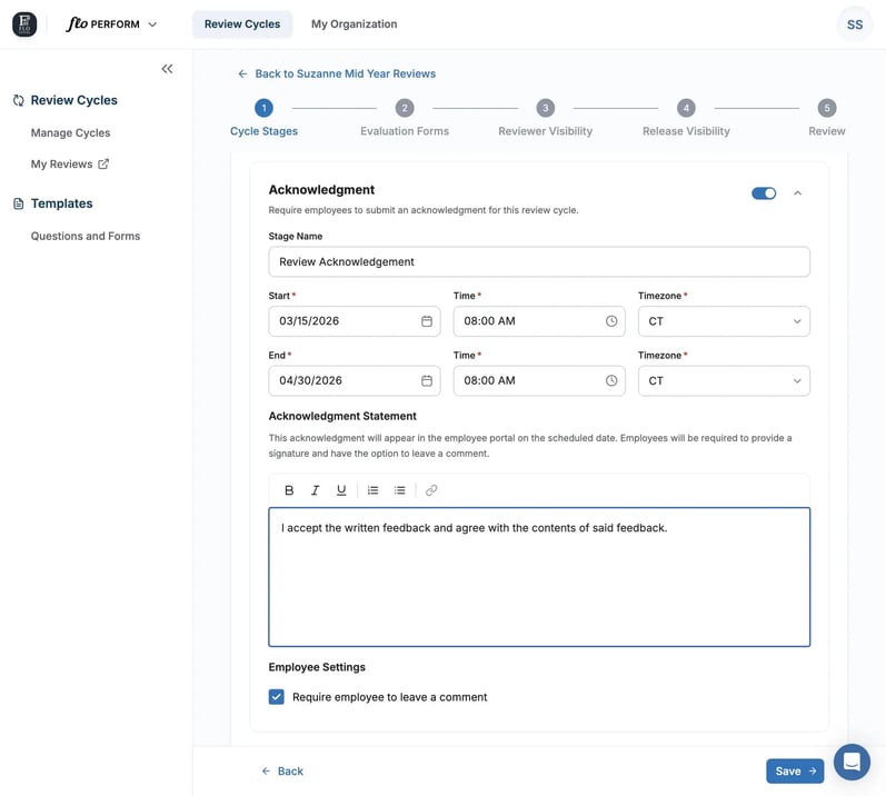Admin Set Up of Review Acknowledgement