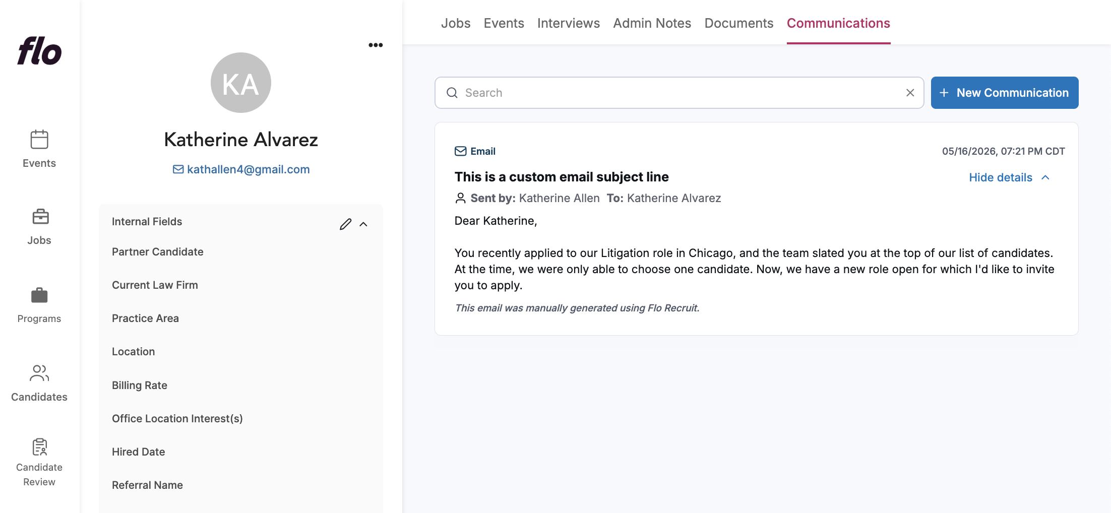 Custom email logged to profile